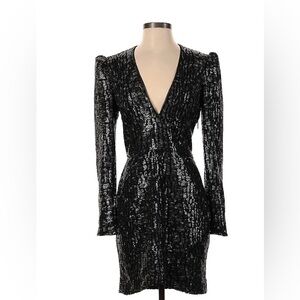 SAYLOR ~ Black Sequin Long Sleeve V-Neck Designer Dress. Med. New Without Tags